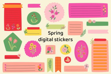 Boş çiçek desenli dijital çıkartmalar. Bahar çıkartmaları. Dijital not kağıtları ve kurşun günlük ya da planlama çıkartmaları. Dijital planlayıcı etiketleri. Vektör sanatı.