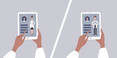Tablet kullanarak bir doktor seçmek. Erkek ya da kadın doktor seçmek. Erkek ve kadın doktor karakter tasarımı. Kavramsal vektör çizimi.