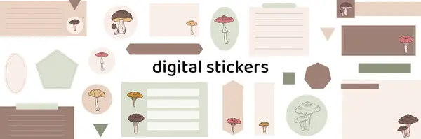 Papeles Pegatinas Digitales Para Registro Planificación Viñetas Digitales Juego Hongos — Archivo Imágenes Vectoriales