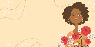 Siyah tenli kadınla bahar tatili için hoş bir tebrik kartı ya da poster tasarımı. Uluslararası Kadınlar Günü ya da Anneler Günü kartı tasarımı. Güzel bir Afrikalı kadın ve bir buket çiçek. Vektör illüstrasyonu.