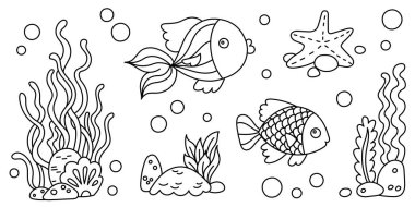 Çocuklar için çizgi boyama sayfası. Anaokulu ya da anaokulu boyama aktivitesi. Su altı yaşamı, deniz yosunu, balık, deniz kabuğu ve kıyı. Okyanus ya da deniz yaşam vektörü çizimi