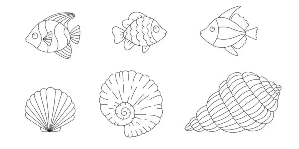 Linienkunst Malseite Malaktion Für Kinder Und Erwachsene Niedliche Fische Muscheln lizenzfreie Stockvektoren