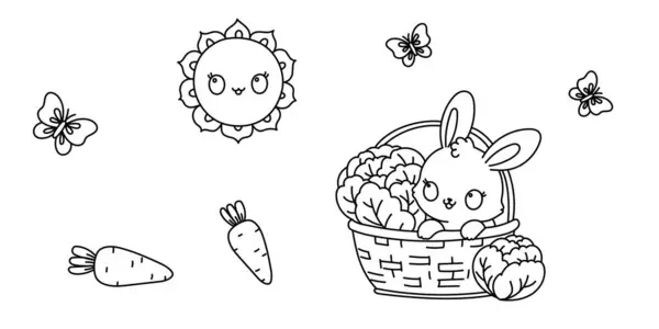 Kawaii系列儿童彩绘页面 幼儿园或幼儿园的色彩活动 可爱的兔子和卷心菜坐在篮子里 Kawaii兔子病媒图解 免版税图库插图