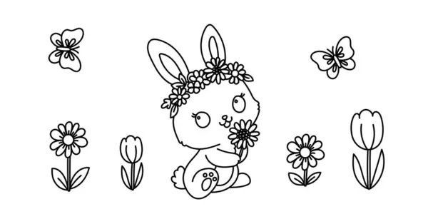 Kawaii系列儿童彩绘页面 幼儿园或幼儿园的色彩活动 可爱的兔子被鲜花和蝴蝶围绕着夏天的色彩页 Kawaii兔子病媒图解 图库插图
