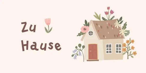 德语字母 Hause 在英语中的意思是 在家里 用鲜花装饰不完美的豪宅 贺卡设计的好客概念 手绘矢量图解 免版税图库矢量图片