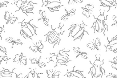 Böcekler resim boyama sayfası. Dikkatli renklendirme aktivitesi. Stres giderme boyama sayfası. Böcek, kelebek, yusufçuk ve böcek vektör çizimi