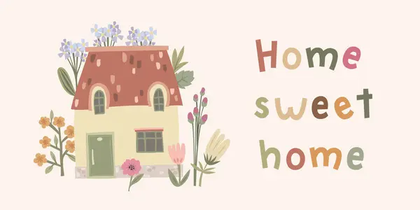 Kézzel Írt Otthon Édes Otthon Aranyos Tökéletlen Merész Ház Virágokkal Stock Illusztrációk