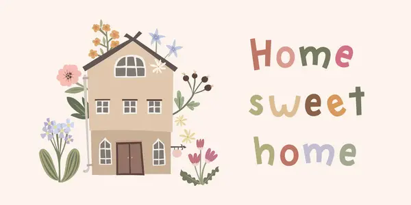 甜蜜的家 用鲜花装饰不完美的豪宅 贺卡设计的好客概念 手绘可爱的房子矢量插图 矢量图形