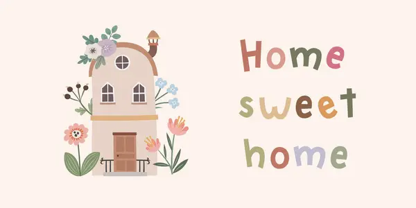 Kézzel Írt Otthon Édes Otthon Aranyos Tökéletlen Merész Ház Virágokkal Jogdíjmentes Stock Illusztrációk