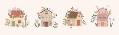 Samimi evlerin çiçeklerle el çizimi vektör çizimi, Cottagecore cazibesi ve ev detaylarını yumuşak, kaprisli bir tarzda harmanlamak.