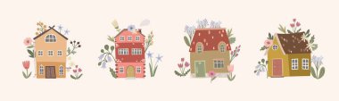 Samimi evlerin çiçeklerle el çizimi vektör çizimi, Cottagecore cazibesi ve ev detaylarını yumuşak, kaprisli bir tarzda harmanlamak.