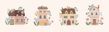 Samimi evlerin çiçeklerle el çizimi vektör çizimi, Cottagecore cazibesi ve ev detaylarını yumuşak, kaprisli bir tarzda harmanlamak.