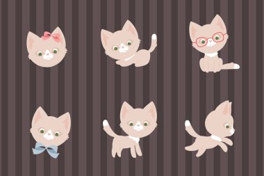 Şirin çizgi film kedileri. Kediler vektör illüstrasyonu. Farklı pozlarda oynayan kedi yavruları..
