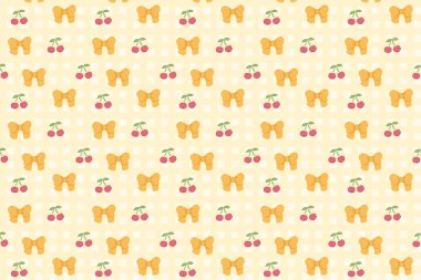 Pembe fiyonklu ve kırmızı kirazlı kusursuz vektör deseni kumaş, duvar kağıdı, kırtasiye ve dijital tasarım için sevimli kız arkaplanı