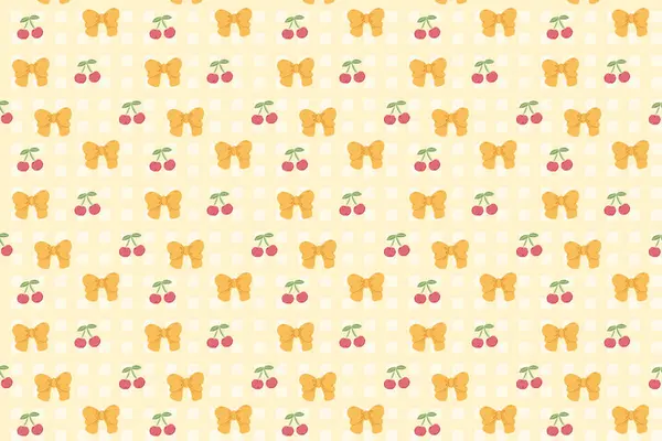 Pembe fiyonklu ve kırmızı kirazlı kusursuz vektör deseni kumaş, duvar kağıdı, kırtasiye ve dijital tasarım için sevimli kız arkaplanı