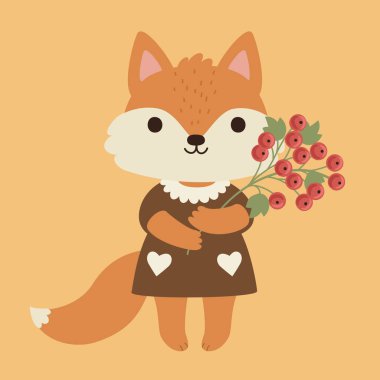 Sıcak arka planda böğürtlen tutan şirin tilki. Kalp giysisi giymiş el yapımı orman hayvanı. Çocuklar ve kreşler için sonbahar tebrik kartı illüstrasyonu.
