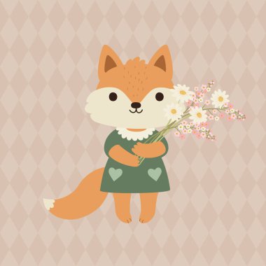 Kaliteli arka planda çiçekleri tutan şirin tilki. Elbise giymiş el yapımı orman hayvanı. Çocuklar ve çocuk odası için tebrik kartı illüstrasyonu