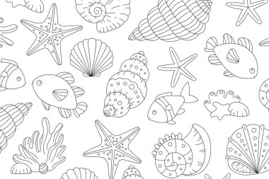 Tropikal balıklar ve deniz kabuğu boyama sayfasında sualtı yaratıkları, mercanlar ve deniz yıldızları var. Çocuk boyama faaliyetleri için el çizimi okyanus yaşam vektör çizimi.