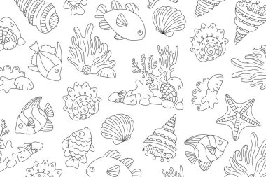 Sualtı balığı ve deniz kabuğu boyama sayfasında tropikal deniz hayvanları, mercanlar ve deniz yıldızları var. Çocuk aktivitesi veya boyama kitabı için el çizimi okyanus temalı vektör çizimi.