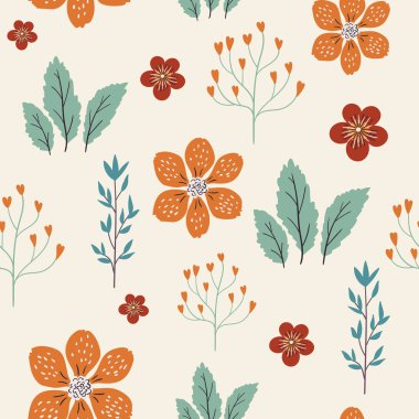 Krem arkaplanda turuncu ve kırmızı çiçekli kusursuz çiçek deseni, el yapımı botanik elementler ve basit yaprak çizimleri