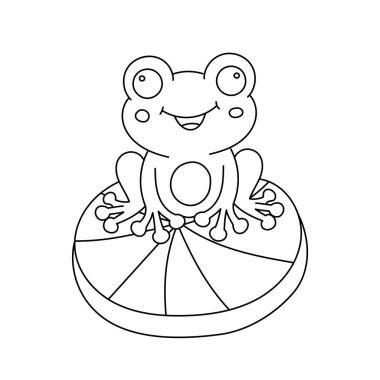 Nilüfer yaprağı boyama sayfasında gülümseyen kurbağa. Çocuklar için el yapımı şirin kurbağa çizimi doğa ve gölet yaşamı tasarımları