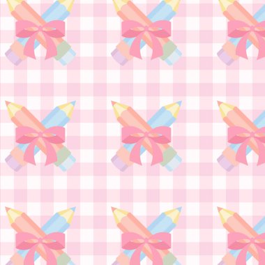 Pembe gingham dikişsiz desen. Pastel kalemler bağlanmış. Okula geri dönmek için sevimli fiyonklar, dijital kağıt ve kırtasiye malzemesi.