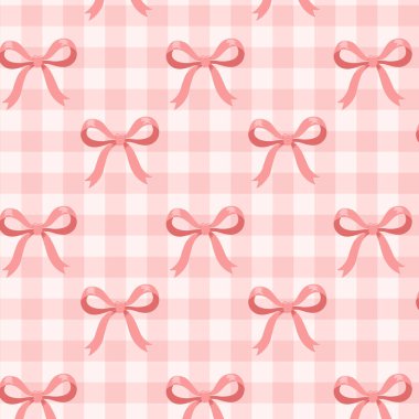 Pembe fiyonklar, Gingham arka planda pürüzsüz desen, vektör illüstrasyonları, kumaş örneklerinde pürüzsüz kumaşlar içerir.