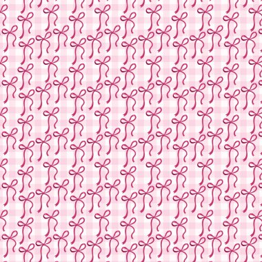 Pastel Gingham desenli el çizimi pembe fiyonklar, kumaş parçalarına kusursuz örnekler eklenmiş vektör çizimi