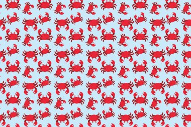 Örneklerde kumaş şablonu olan kusursuz kırmızı yengeçler, sevimli karikatür okyanus kabukluları vektör arka planı