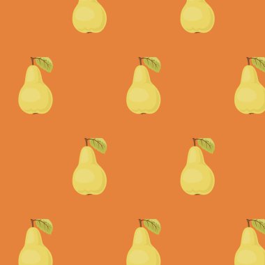 Sarı armut ve turuncu arka planda yeşil yapraklı kusursuz armut armut deseni, sonbahar hasat vektör tasarımı, kumaş panelinde tekrarlanan kumaş örnekleri.
