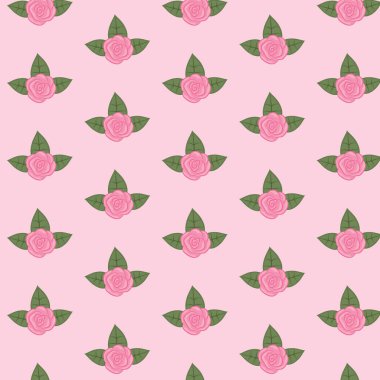 Pembe güller ve açık pembe arka planda yeşil yapraklarla kusursuz gül deseni, romantik çiçek vektör tasarımı, kumaş parçalarında tekrarlanan kumaş örnekleri.