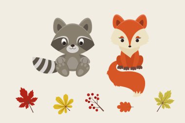 Sevimli orman hayvanları rakun tilkisi sonbahar yaprakları ve bej arka planda böğürtlenler, sonbahar orman vektör illüstrasyonları, elle çizilmiş klişe tasarımı