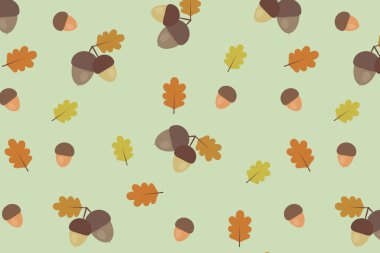 Sonbahar renklerinde kusursuz meşe palamudu ve meşe yaprağı deseni. Yumuşak yeşilde sonbahar orman vektör arka planı. Örnekleme panelinde tekrarla.