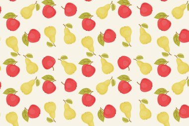 Yeşil yapraklı dikişsiz elma ve armut deseni. Ülke tarzında taze meyve vektörü geçmişi. Örnekleme panelinde tekrarla.