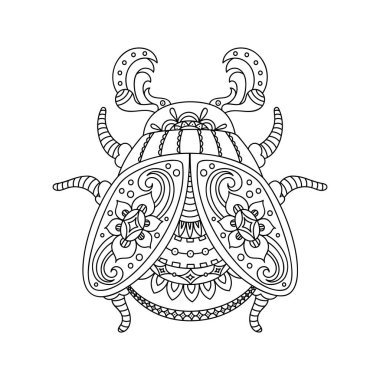 Karmaşık mandala tarzı detaylarıyla tek süslemeli böcek boyama sayfası, yetişkinler ve çocuklar için siyah ve beyaz vektör