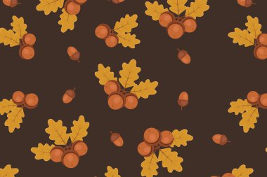 Lekesiz meşe yaprağı ve meşe palamudu deseni koyu arkaplan kumaşında ılık sonbahar tonlarında kumaş örneklerinde mevcut.