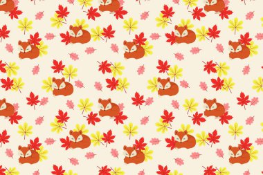 Krem arkaplan kumaşında renkli sonbahar yaprakları bulunan kusursuz, tatlı, uykulu tilki deseni.