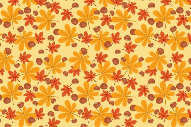 Kusursuz sonbahar kestanesi ve akçaağaç yaprağı deseni turuncu ve kırmızı renkte sarı arkaplan örneklerinde kullanılabilir.