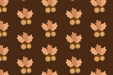 Sonbahar meşe palamudu ve meşe yaprakları, kumaş örnekleri panelinde mevcut, dipsiz karanlık arka plan ve güz ormanı elementleri