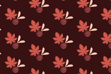Kestane ve akçaağaç yaprakları, kumaş örnekleri panelde mevcut, dikişsiz, kanatlı çekirdekli sonbahar deseni.
