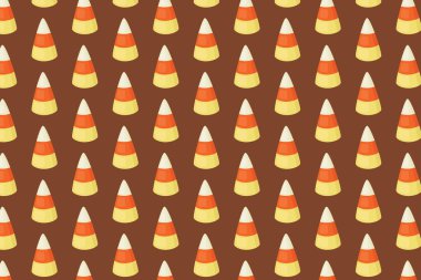 Şekersiz mısır desenleri, kumaş örnekleri, kahverengi arka planda Cadılar Bayramı tatlı tasarımı.