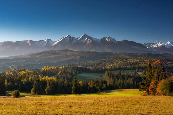 Hermosa Puesta Sol Prado Bajo Las Montañas Tatra Otoño Polonia — Foto de Stock
