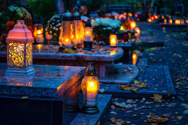 Colorful Candles Cemetery All Saints Day Poland — Stock Photo, Image