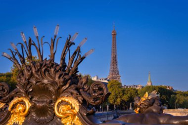 Paris, Seine nehri üzerindeki Pont Alexandre III köprüsünden Eyfel kulesi manzarası. Fransa