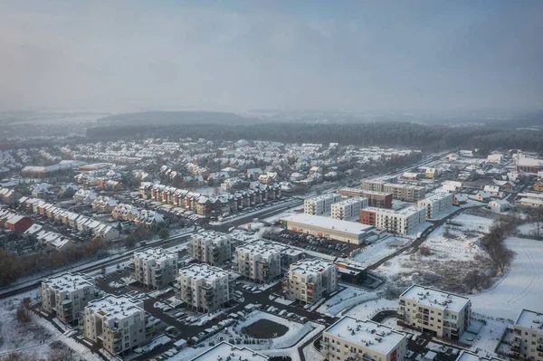 Aerial Landscape Small Village Covered Fresh Snow Poland — Stock Photo, Image