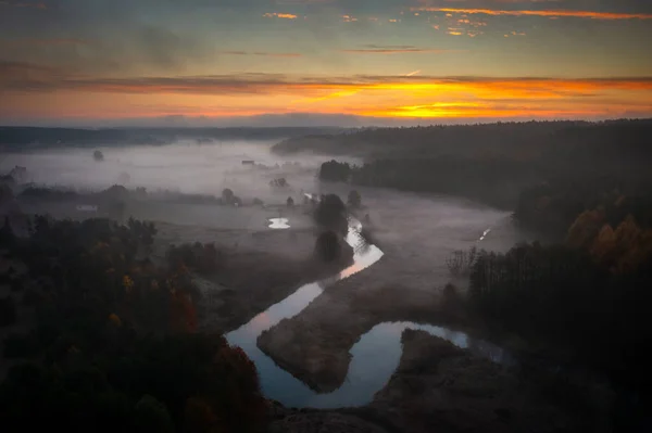 Rzeka Radunia Meandry Wschodzie Słońca Kaszuba Polska — Zdjęcie stockowe