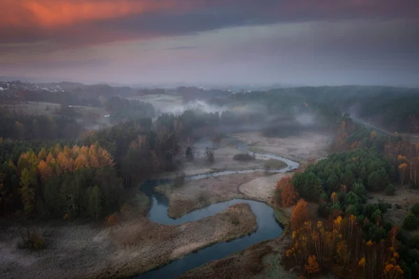 Rzeka Radunia Meandry Wschodzie Słońca Kaszuba Polska — Zdjęcie stockowe