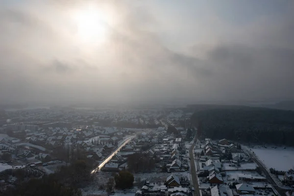 Εναέρια Τοπίο Μικρού Χωριού Καλυμμένο Φρέσκο Χιόνι Πολωνία — Φωτογραφία Αρχείου