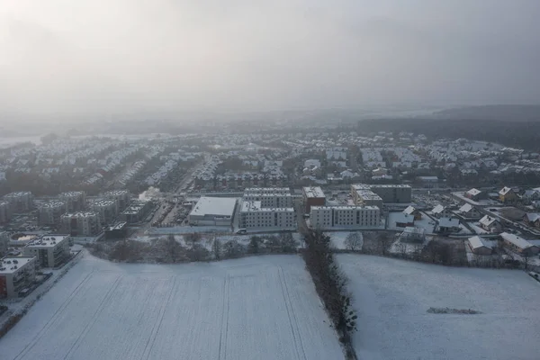 Taze Karla Kaplı Küçük Bir Köyün Havadan Manzarası Polonya — Stok fotoğraf