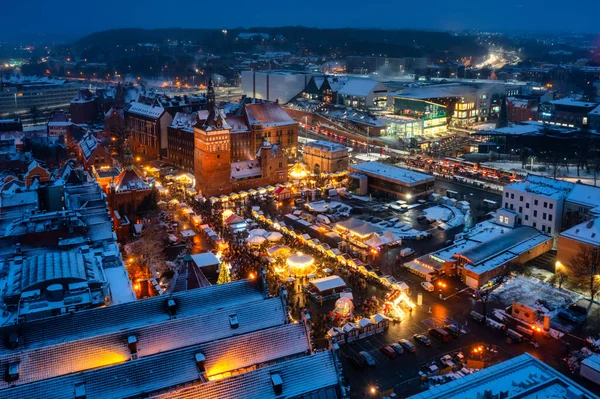 Pięknie Oświetlone Jarmarki Bożonarodzeniowe Głównym Mieście Gdańska Zmierzchu Polska — Zdjęcie stockowe